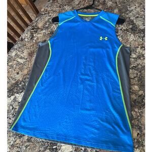 Under Armor Fitted heat gear V-neck top. Blue, gray with lime, Men's size M